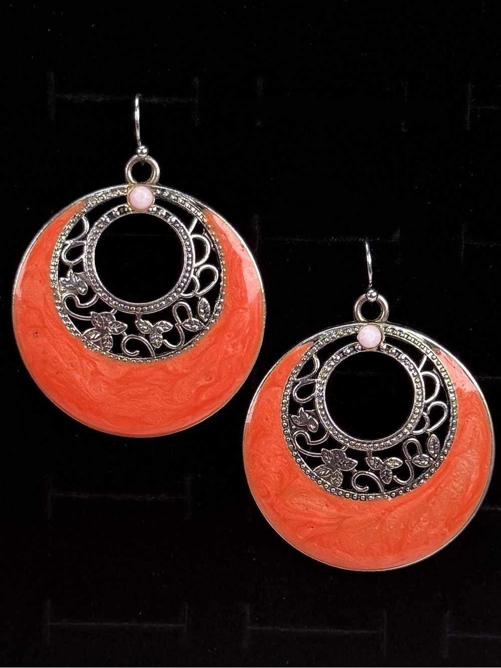 Elegant Orange enamel swirl and Silvertone Earrings weighted pierced earrings